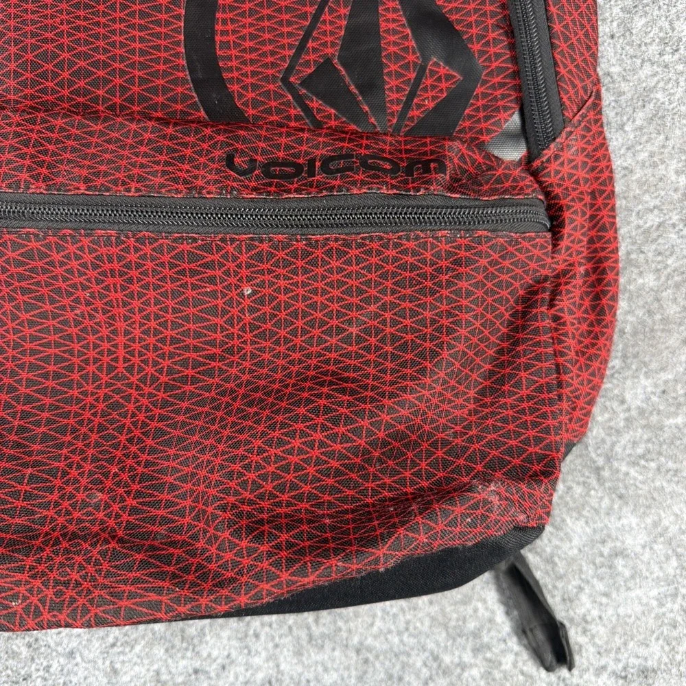 VOLCOM Stone Logo Backpack Red Black Geometric Crosshatch Grid Skate School Bag
